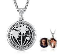 KINGWHYTE Locket Necklace 925 Sterling Silver World Map Pendant That Hold Pictures Graduation Jewellery Memorial Gifts for Men Women