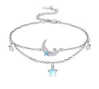 KINGWHYTE Moonstone Moon Star Bracelet 925 Sterling Silver Adjustable Bracelet Moon and Star Layered Bracelets Jewellery Gift for Women Girls Wife Friends