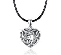 KINGWHYTE Praying Hands Locket Necklace 925 Sterling Silver Locket Pendant That Hold Pictures Religious Christian Jewelry for Men Women With Black Leather Rope