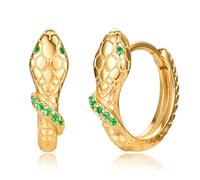 KINGWHYTE Snake Hoop Earrings 925 Sterling Silver Emerald Eye Cartilage Earrings 24K Gold Plated Sleeper Round Huggie 14mm Hoops Earrings Snake Jewelry Gifts for Women Men