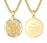 KINGWHYTE St Michael Necklace 925 Sterling Silver Round Saint Michael Medal Archangel Protect Us Pendant Jewellery Graduation Gifts for Women Men(Plated Gold Engraved)