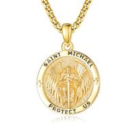 KINGWHYTE St Michael Necklace 925 Sterling Silver Round Saint Michael Medal Archangel Protect Us Pendant Jewellery Graduation Gifts for Women Men(Plated Gold)