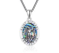 KINGWHYTE St Michael Necklace for Men Women 925 Sterling Silver Oval Saint Michael Medal Amulet Archangel Michael Pendant Protect Us Jewellery Gifts(Abalone)