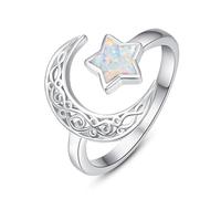 KINGWHYTE Star and Moon Ring 925 Sterling Silver Opal Star Ring Celtic Moon Open Ring Jewelry Birthday Gifts for Women Ladies Teen Girls
