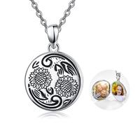 KINGWHYTE Sunflower Locket Necklace 925 Sterling Silver Round Shape Oxidation That Holds Pictures You are my Sunshine Sunflower Pendant Birthday Gifts for Women Girlfrind