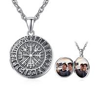 KINGWHYTE Viking Locket Necklace That Hold Picture 925 Sterling Silver Vegvisir Photo Pendant Viking Amulet Jewellery Graduation Gifts for Women Men
