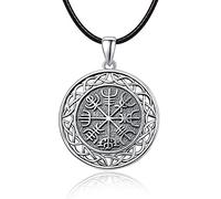 KINGWHYTE Viking Necklace 925 Sterling Silver Celtic Vegvisir Compass Pendant Norse Viking Jewellery for Men Women With Leather Rope 50cm