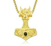KINGWHYTE Viking Wolf Thor Hammer Necklace 925 Sterling Silver Skull Talisman Necklace Vintage Norse Mjolnir Amulet Pendant for Men Women(Gold Plated)