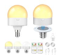 KINGYEENUO 2 Pack USB Rechargeable Magnetic LED Bulb, E27 & E14 Base Battery Powered Light Bulb Dimmable 3 Colour Temperatures Remote Control 15/30/60 Min Timer Wireless Emergency Home Camping Lamp