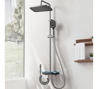 Kinhoou Shower Mixer Set with LED Display, Upgraded Thermostatic Shower Mixer with 30cm Square Rainfall Shower Head, 4 in 1 Shower Riser Rail Kit with Ambient Lights, 3-Way Handheld for Bathroom