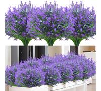 Kinisty 12 Bundles Artificial Lavender Outdoor, Decorative Fake Flowers UV Resistant Plastic Shrubs Bushes Faux Flowers for Outside Indoor Garden Window Boxes Hanging Basket (Purple)