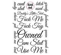 Kink Ink - 17 x Cursive Temporary Tattoo Lettering in Black Sexy Kinky A4 Sheet