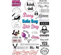 Kink Ink - 29 "Sissy" Temporary Tattoos Adult Sexy Naughty, Long Lasting Semi Permanent Tattoo Small to Medium Sized Fake Tattoos for Men on A4 Sheet