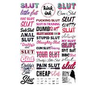 Kink Ink - 34 "Slut" Temporary Tattoos Adult Sexy Naughty, Long Lasting Semi Permanent Tattoo Small to Medium Sized Fake Tattoos for Women on A4 Sheet