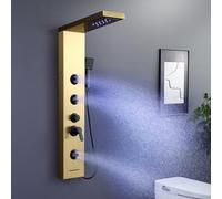 KINKIBOS Golden Shower Panel Tower with Mixer, 6-Mode: LED Rain＆Waterfall Shower, 2 Body Massage Jets, Handset and Bath Spout, Stainless Steel Shower Column