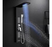 KINKIBOS LED Shower Tower with Mixer, 5 Modes Shower Column: Rain＆Waterfall, Body Massage Jets, Handset and Bath Spout, Stainless Steel Shower Panel Black