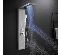 KINKIBOS LED Shower Tower with Mixer, 5 Modes Shower Column: Rain＆Waterfall, Body Massage Jets, Handset and Bath Spout, Stainless Steel Shower Panel Brushed