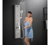 KINKIBOS Shower Tower Panel, Rainfall Shower, 2-Mode Body Massage Jets, 5-Setting Handset and Bathtub Spout, Height Adjustable Arm, Stainless Steel, Brushed