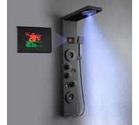 KINKIBOS Shower Tower Panel with Mixer, 6 Modes LED Temp Display,Matt Black | Shower Column: Rain＆Mist, 2 Modes Massage Jets, Handset and Bath Spout, Shower Panel Stainless Steel