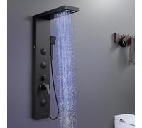 KINKIBOS Shower Tower Panel with Mixer, 6 Shower Modes: LED Rain＆Waterfall, 2 Modes Massage Jets, Handset and Bath Spout, Stainless Steel Column Matt Black Shower Panel