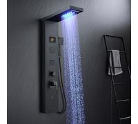 KINKIBOS Shower Tower Panel with Mixer, Display, Stainless Steel Matt Black | 5-Mode Shower Column with LED Rain＆Waterfall, Massage Jets, Handheld Shower and Bath Spout, Shower Panel