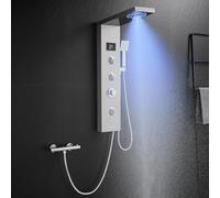 KINKIBOS Shower Tower Panel Without Tap, 6 Modes, Massage Jets, LED Display | Rain＆Mist, 2 Modes Body Massage Jets, Handset and Bath Spout, 304 Stainless Steel, Brushed