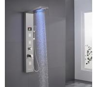 KINKIBOS Shower Tower with Mixer, 5-Function Shower Column with LED Temperature Display Rain＆Waterfall Shower, Massage Jets, Handset and Bath Spout, Shower Panel 304 Stainless Steel, Brushed