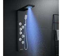 KINKIBOS Thermostatic Tower Shower Panel Black, 6-Function Shower Column with LED Rain＆Mist, 4 Massage Jets, Handset and Bath Spout, 304 Stainless Steel