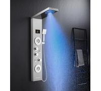 KINKIBOS Tower Shower Panel with Mixer, 6-Mode Shower Column with LED Temperature Display Rain＆Mist, 2 Modes Massage Jets, Handset and Bath Spout, Shower Panel Stainless Steel, Brushed