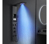 KINKIBOS Tower Shower Panel with Mixer and Shelf, 5-Mode Shower Column LED Rain & Mist Shower, 4 Wide Angle Adjustable Massage Jets, Handset and Waterfall Bath Spout, Stainless Steel Matt Black