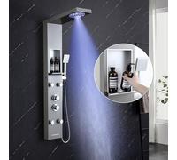 KINKIBOS Tower Shower Panel with Mixer and Shelf, 5-Mode Shower Column LED Rain & Mist Shower, 4 Wide Angle Adjustable Massage Jets, Handset and Waterfall Bath Spout, Brushed Stainless Steel