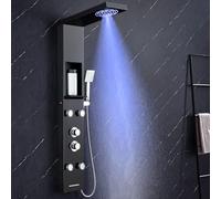 KINKIBOS Tower Shower Panel with Mixer and Shelf, 5-Mode Shower Column LED Rain & Mist Shower, 4 Wide Angle Adjustable Massage Jets, Handset and Waterfall Bath Spout, Stainless Steel Black