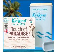 KinKind Refillable 48hr Antiperspirant Natural Deodorant Stick. 100% Plastic Free. 48hr Odour Protection. Coconut Antiperspirant Deodorant Stick. Touch of PARADISE! Coconut Fresh Starter Case & Refill