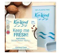KinKind Refillable Natural Deodorant. 24hr Freshness. 100% Plastic Free. 90% SkinCare Ingredients. Aluminium Free Deodorant Stick Women. Keep me FRESH! Coconut Fresh Case & Refill. No Bicarb. Vegan