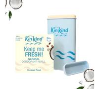 KinKind Refillable Natural Deodorant. 24hr Freshness. 100% Plastic Free Case & Refill. Aluminium Free Deodorant Travel Stick for Women. Keep me FRESH! Coconut Fresh. No Sodium Bicarbonate. Vegan