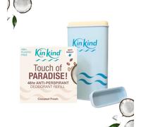 KinKind Refillable Natural Deodorant Stick with Antiperspirant Women Starter Pack. 48hr Odour Protection Deodorant Womens. Anti-Sweat. Plastic Free. Touch of PARADISE! Coconut Fresh. Up to 3 months