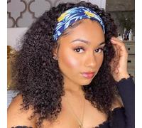 Kinky Curly Headband Wig For Women Human Hair Emol Hair Short 16 Inch None Lace Curly Human Hair Glueless Wig For Beginners Natural Black Color For Women Easy To Wear And Take Off