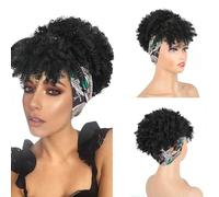 Kinky Curly Wig with Bangs Head Wrap Short Afro Wig 2-in-1 for Black Women Afro Puff Wigs with Adjustable Headband Heat Resistant Synthetic Hair Natural Looking Wig for Daily Cosplay (Black, 10 Inch)