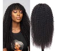 Kinky Curly Wig with Bangs Human Hair for Black Women 150 Density Brazilian Virgin Curly Hair Wigs,Full Machine Made Glueless Wig human hair Natural Black 16 inch