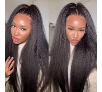 Kinky Straight Hidden Strap Invisi-Drawstring 220% Density 360 HD Full Lace Front Wigs Human Hair Pre Plucked Pre Cut Yaki 360 Frontal Glueless Wigs Human Hair Can make high ponytail&bun 26 inch