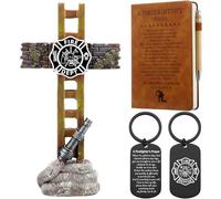 Kinlop 3 Pcs Christmas Firefighter Accessories Set 10" Fireman Standing Cross Statue Memorial Firefighter Journal with Wooden Pen Firefighters Prayer Keychain for Dad