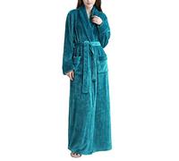 Kinloy Ladies Fluffy Fleece Soft & Cosy Dressing Gown Comfy Long Housecoats Terry Towelling Robe Lightweight Shaggy Luxury Full Length Bathrobe Nightwear, Blue, UK 12-16/Size XL