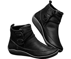 Kinloy Ladies Soft Winter Boots Women Arch Support Flat Heel Anti-Slip Short Booties Wide Fitting Leather Ankle Shoes Black Size 7.5 UK