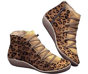 Kinloy Ladies Vintage Flat Ankle Boots Fashion Lace-up Waterproof Autumn Winter Short Booties Outdoor Anti-Slip Shoes Leopard Print Size 5 UK