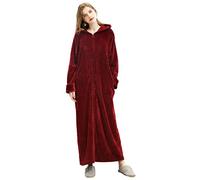 Women Full Length Dressing Gown Ladies Hooded Zipped Fleece Fluffy Towelling Bathrobe Winter Long Housecoat Sleepwear Wine Red M 8-10 UK