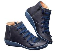 Kinloy Women's Arch Support Flat Heel Ankle Boots Fashion Vintage Lace-up Side Zip Comfortable Outdoor Round Toe Shoes Blue Size 5 UK