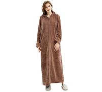 Kinloy Womens Fluffy Dressing Gown Hooded Warm Zip Front Bathrobe Soft Fleece Full Length Housecoat Plus Size Loungewear Sleepwear Bath Robe Coffee L 10-14 UK