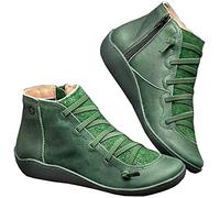 Kinloy Women's Lightweight Ankle Boots Fashion Lace-up Side Zip Vintage Booties Flat Heel Arch Support Anti-Slip Shoes Green Size 6.5 UK