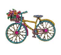 KINMOT Cheerful Colorful Crystal Bicycle Pin Brooch with Full Flower Basket - Bronze Gold-Tone Plating with Vibrant Amethyst, Lilac, Hot Pink, Blue Topaz, Yellow, Red, and Gold Crystals - Vintage