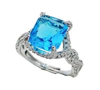 KINMOT Cushion Cut Imitated Blue Topaz Halo Ring, Silver-Tone Band with Twisted Pavé CZ Accents